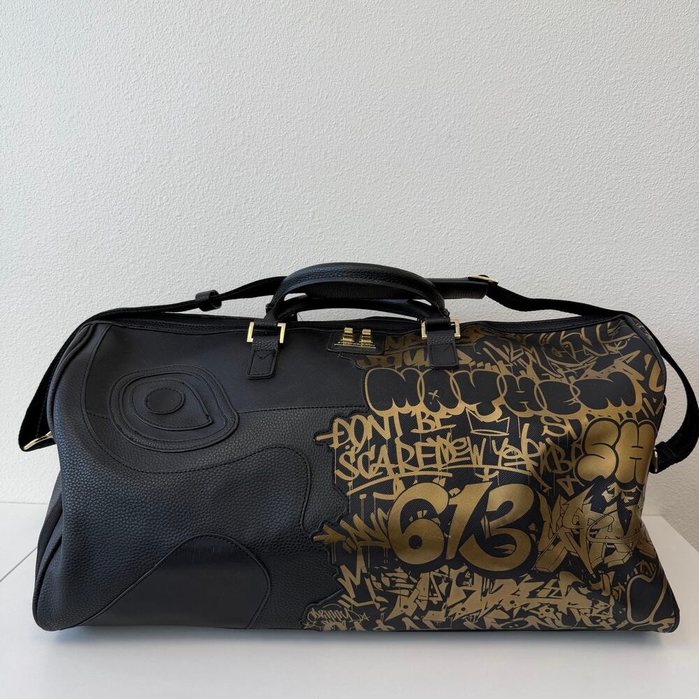 Sprayground Half Graff Glide Large Black Gold Designer Duffel Bag 20"x10"x8"